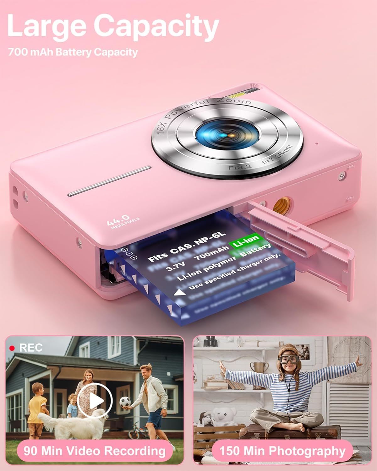 VAHOIALD Digital Camera 1080P FHD Compact Digital Camera 44MP Portable Mini Small Photo Camera with 2.4" LCD Screen, 16X Digital Zoom and 1 Battery Vlogging Camera for Kids, Girls, Boys-Pink, 32 GB - Image 5