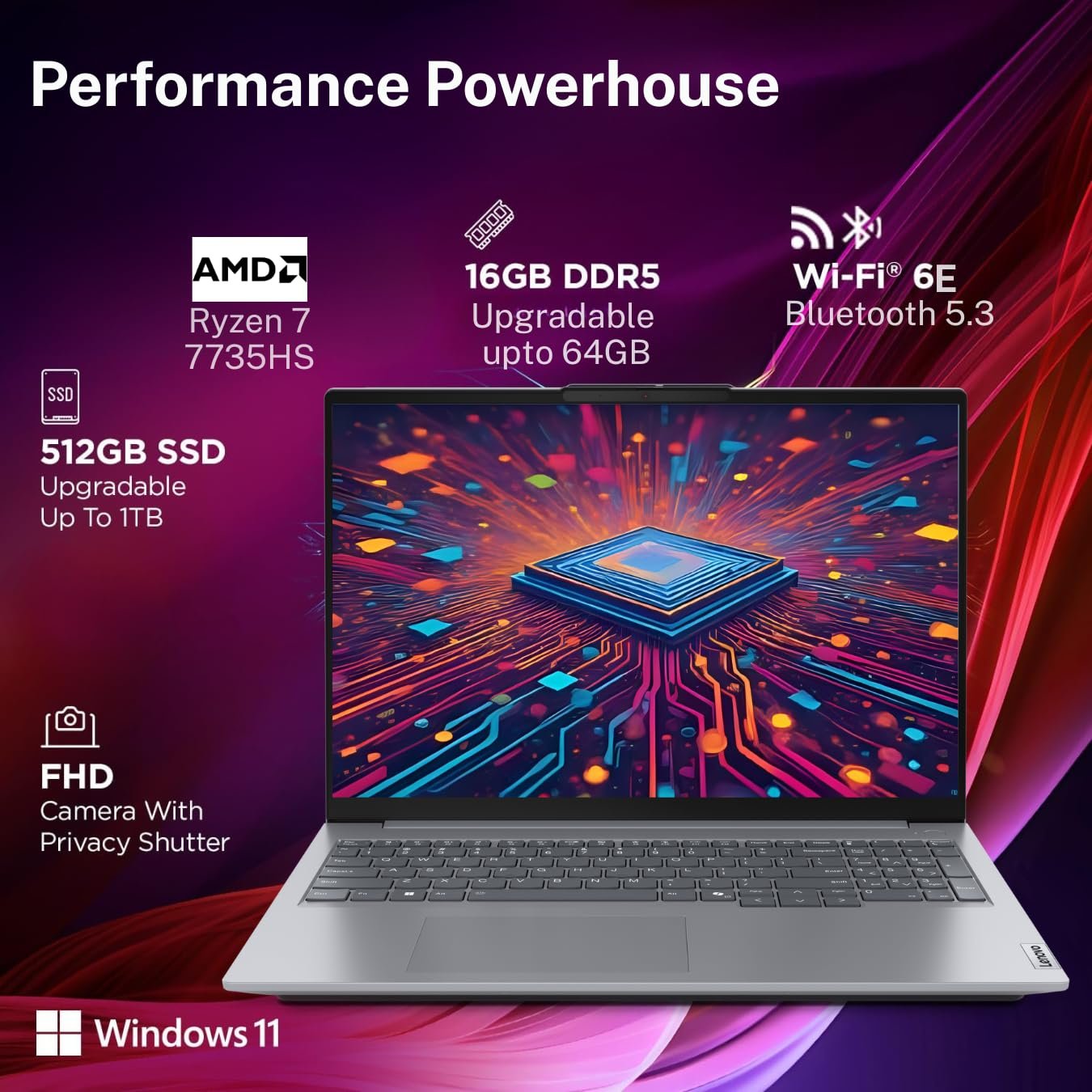 Lenovo ThinkBook 16 AMD Ryzen 7 7735HS (16GB RAM/512GB SSD/Windows 11 Home/Backlit Keyboard/Fingerprint) 16" WUXGA IPS 300 Nits Thin & Light Laptop/1Y Warranty/Aluminium Top/1.7kg, 21MWA0AUIN - Image 2