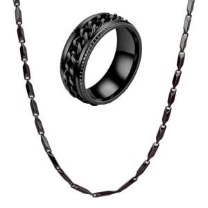 Fashion Frill Mens Jewellery Black Silver Chain For Men Stainless Steel Rice Chain Silver Chain For Men Boys With Ratable Ring Chain For Men Boys Valentine Gift For Boyfriend