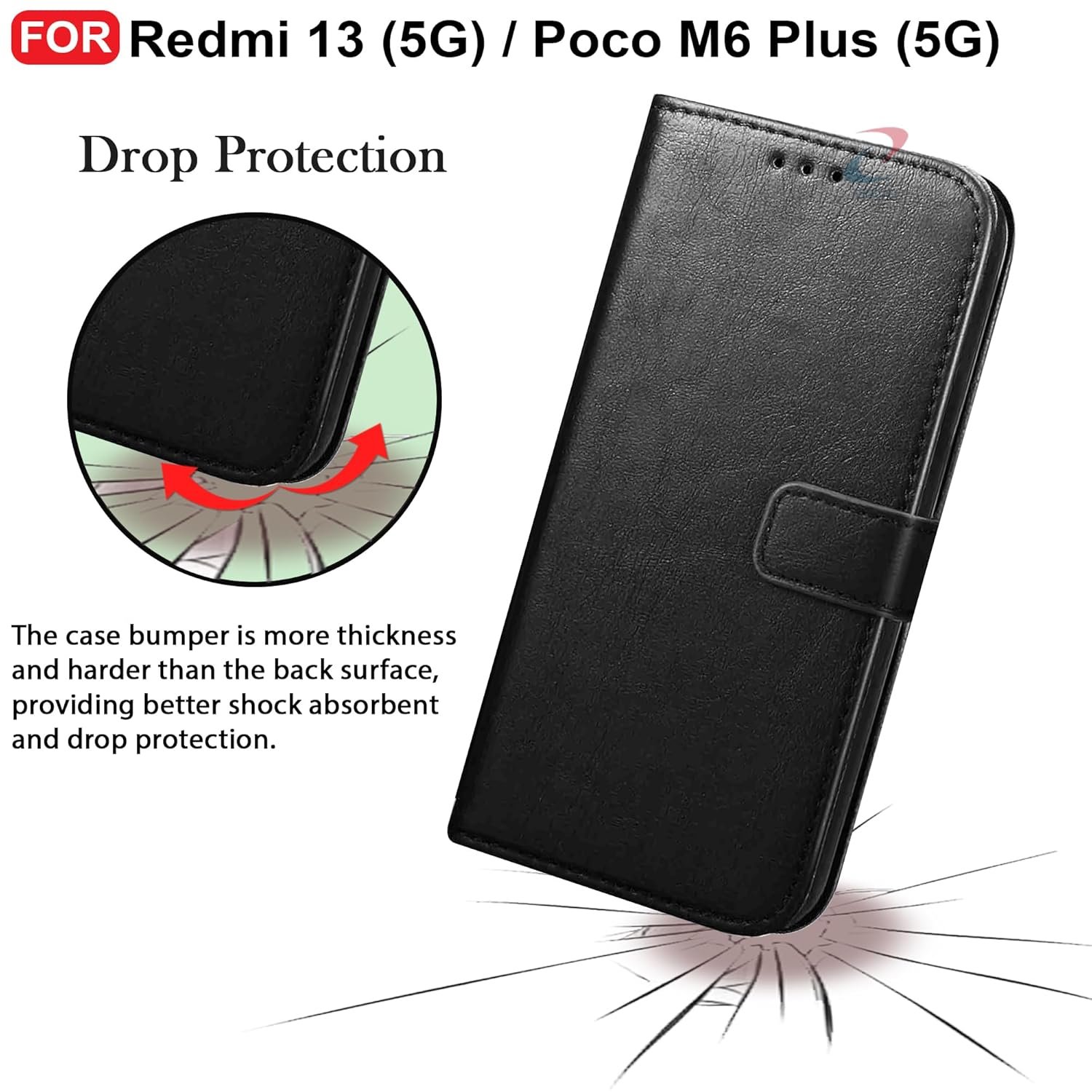 CEDO Redmi 13 (5G) / Redmi 13 Prime Edition/Poco M6 Plus (5G) Flip Cover | Leather Finish | Inside Pockets & Inbuilt Stand | Shockproof Wallet Style Magnetic Closure Back Case Flipcover (Black) - Image 5