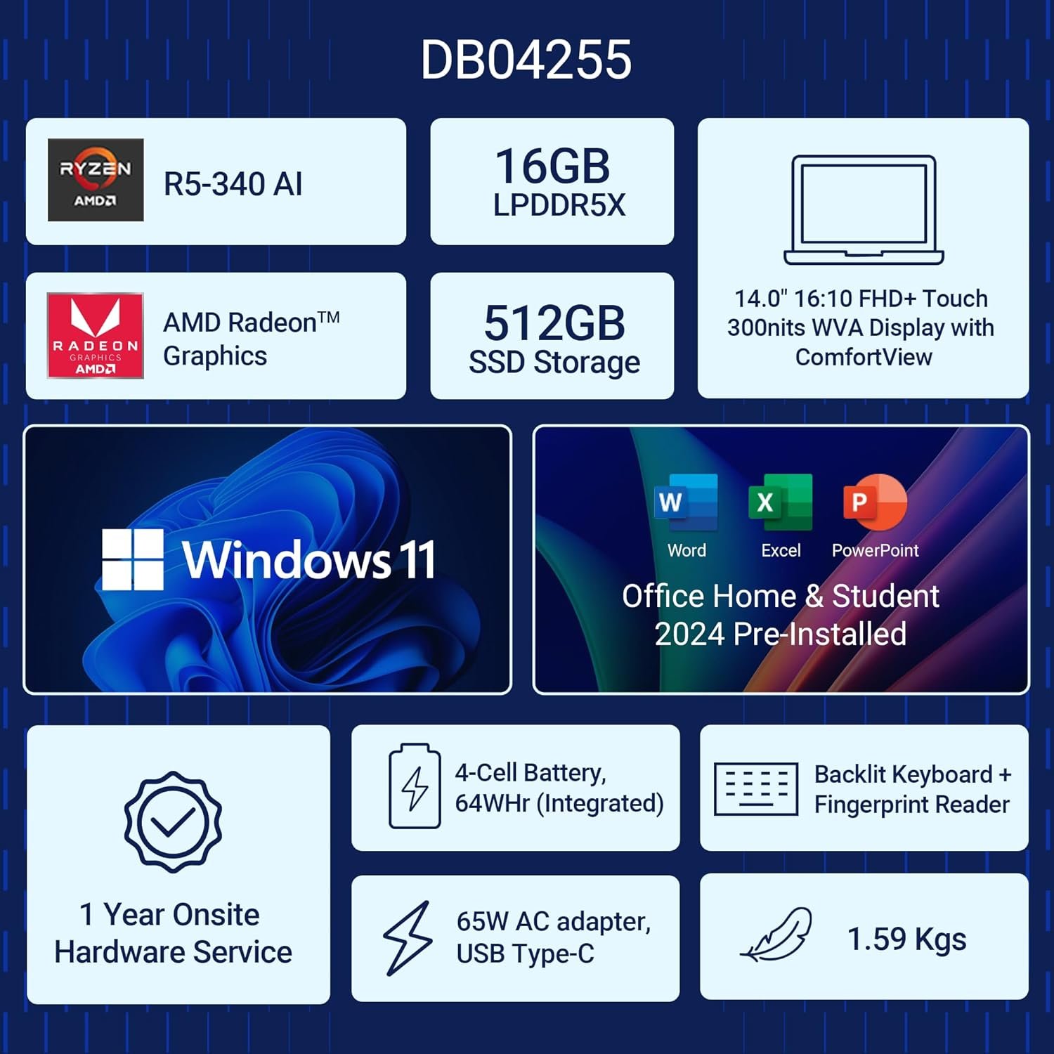 Dell DB04255, R5-340 AI Processor / 16 GB LPDDR5X/ 512 GB SSD/AMD Radeon™ Graphics / 14" (35.56 cm) FHD Plus, 300 Nits, Touch, Backlit + FPS Keyboard, 15 Month McAfee/Ice Blue / 1.59 Kg - Image 2