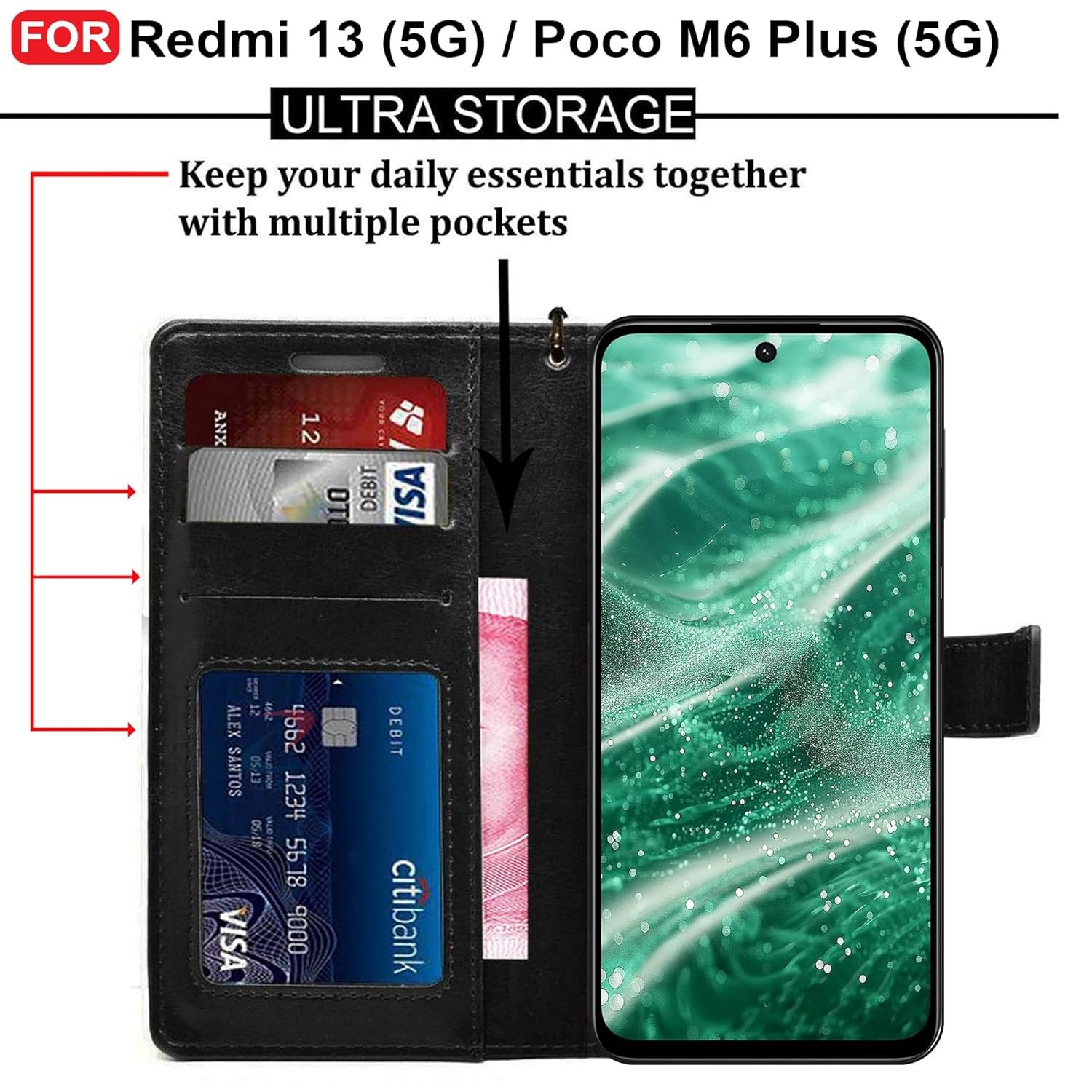 CEDO Redmi 13 (5G) / Redmi 13 Prime Edition/Poco M6 Plus (5G) Flip Cover | Leather Finish | Inside Pockets & Inbuilt Stand | Shockproof Wallet Style Magnetic Closure Back Case Flipcover (Black) - Image 4