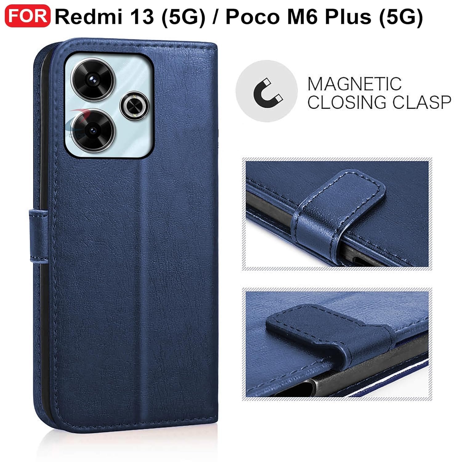 CEDO Redmi 13 (5G) / Redmi 13 Prime Edition/Poco M6 Plus (5G) Flip Cover | Leather Finish | Inside Pockets & Inbuilt Stand | Shockproof Wallet Style Magnetic Closure Back Case Flipcover (Blue) - Image 2