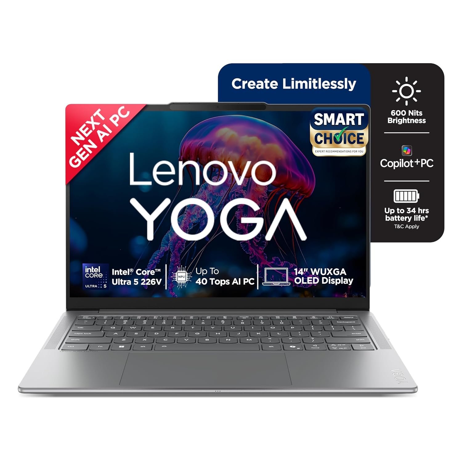 Lenovo Yoga Slim 7 (Smartchoice) Aura Edition Intel Core Ultra 5 226V,Copilot+ AI PC(16GB RAM/1TB SSD/14(35.5cm)/WUXGA OLED/40 Tops/Windows 11/Office Home 2024/Grey/1.19Kg), 83JX005FIN AI Laptop