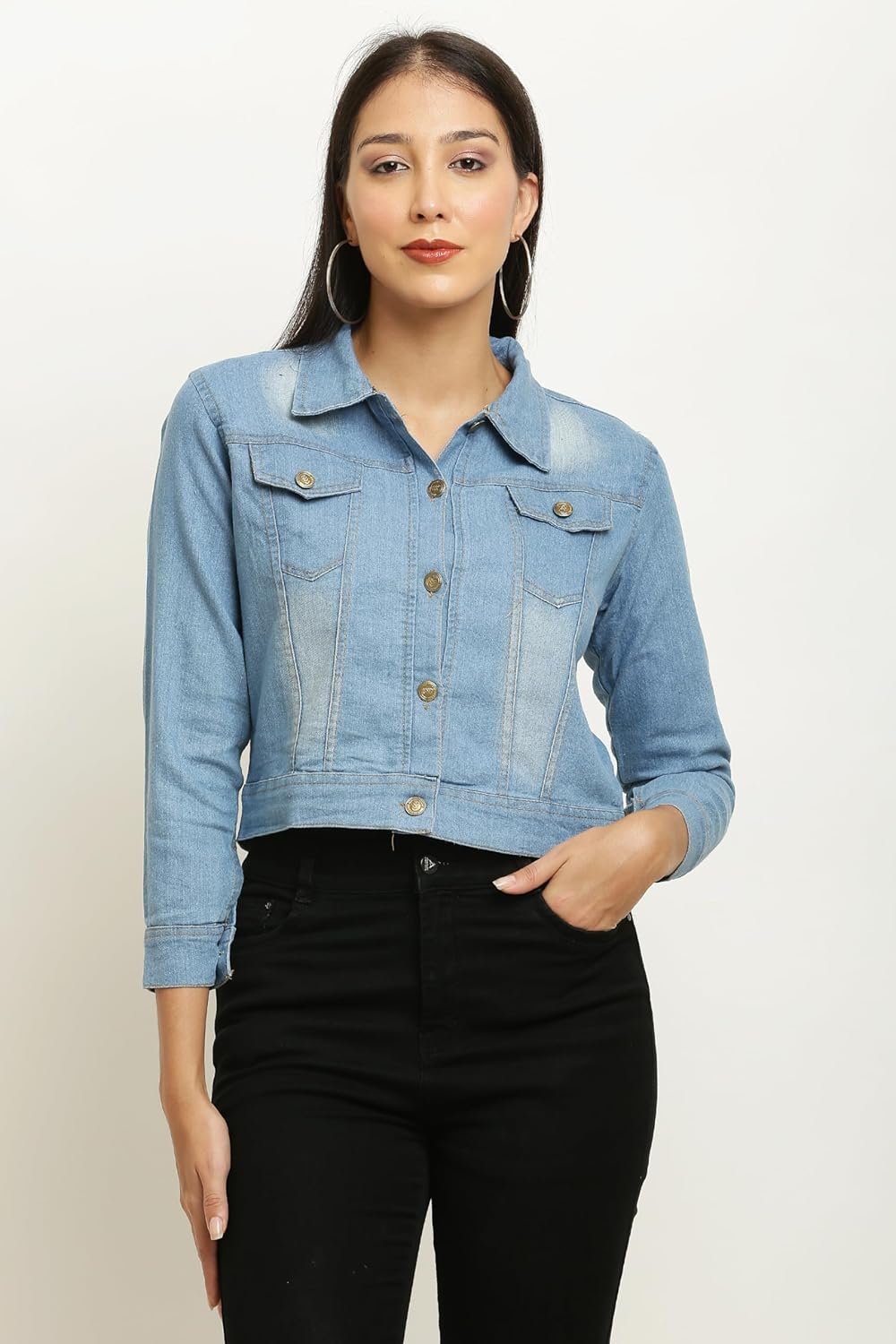 ACEOLA Women's Blue Washed Full Sleeves Buttoned Denim Embellished Cropped Jacket - Image 5