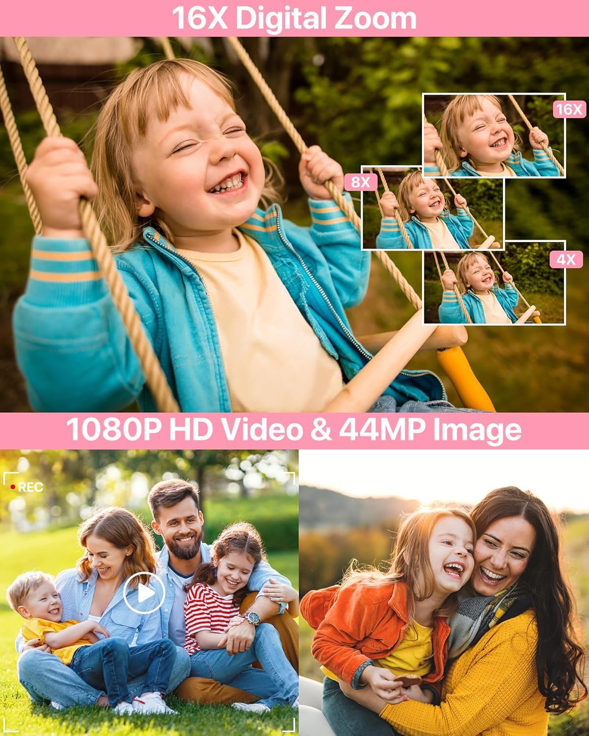 VAHOIALD Digital Camera 1080P FHD Compact Digital Camera 44MP Portable Mini Small Photo Camera with 2.4" LCD Screen, 16X Digital Zoom and 1 Battery Vlogging Camera for Kids, Girls, Boys-Pink, 32 GB - Image 2