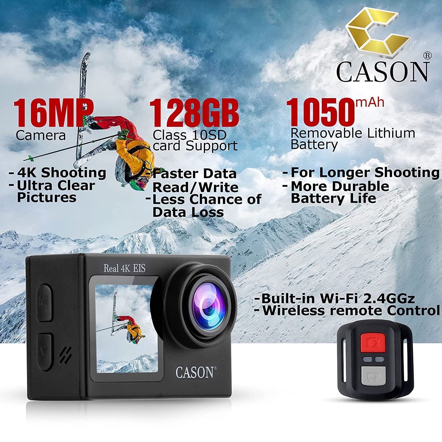 CASON CS6 5k 30Fps Action Camera, 4K Helmet Camera for Bike (Typc C) with EIS+Gyro,Anti Shake for Bike Helmet Camera, Touch Screen, 2 x 1350 mAh Battery and Many Extra Accessories (Black) - Image 9