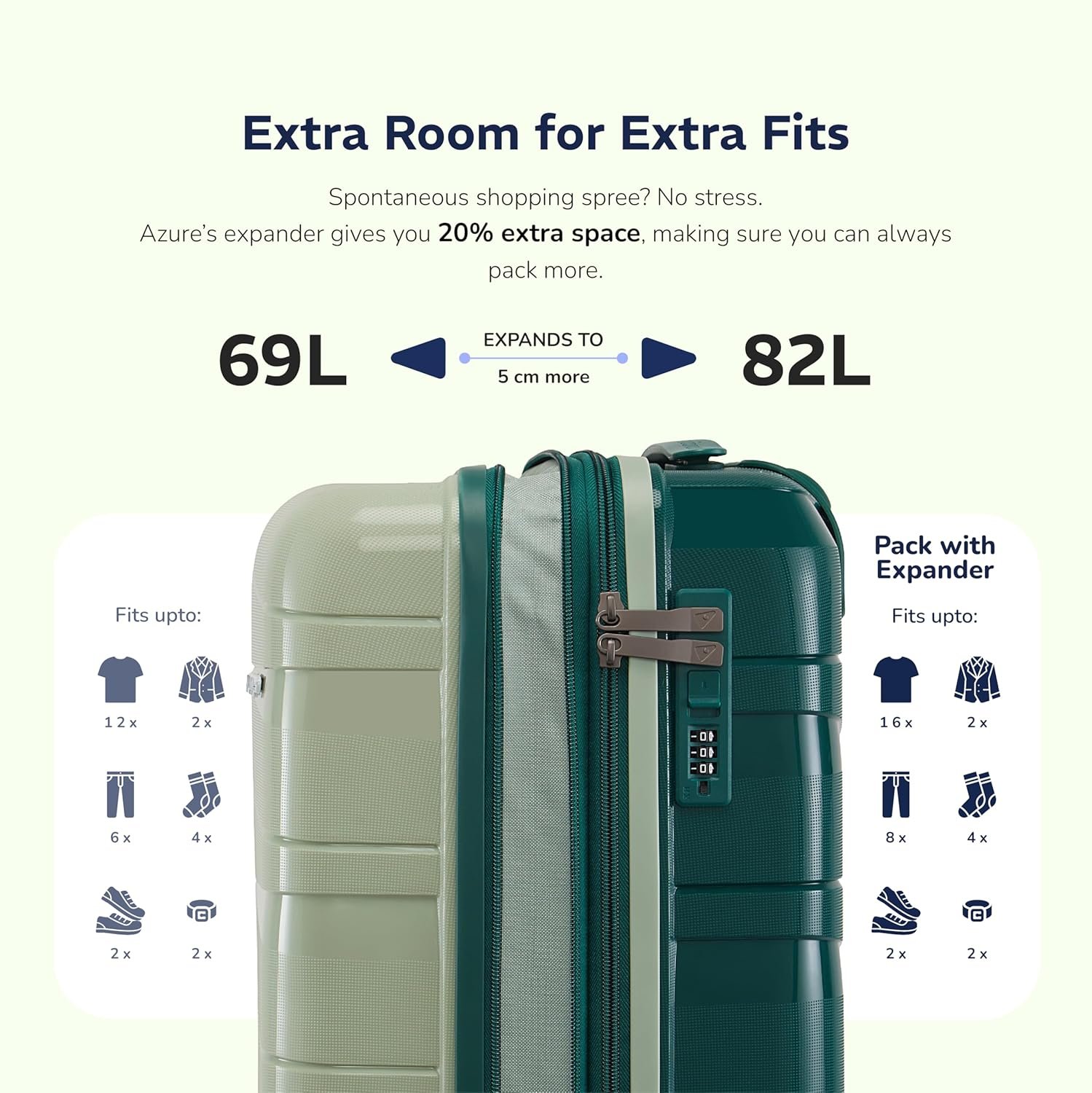 Provogue Azure Hard-Sided PP 65 Cm Check-in Medium Size Luggage Suitcase | Expandable Space with 8 Wheels Trolley Bags for Travel | Combination Lock | 5 Year Warranty (Laurel Green/Hunter Green) - Image 3