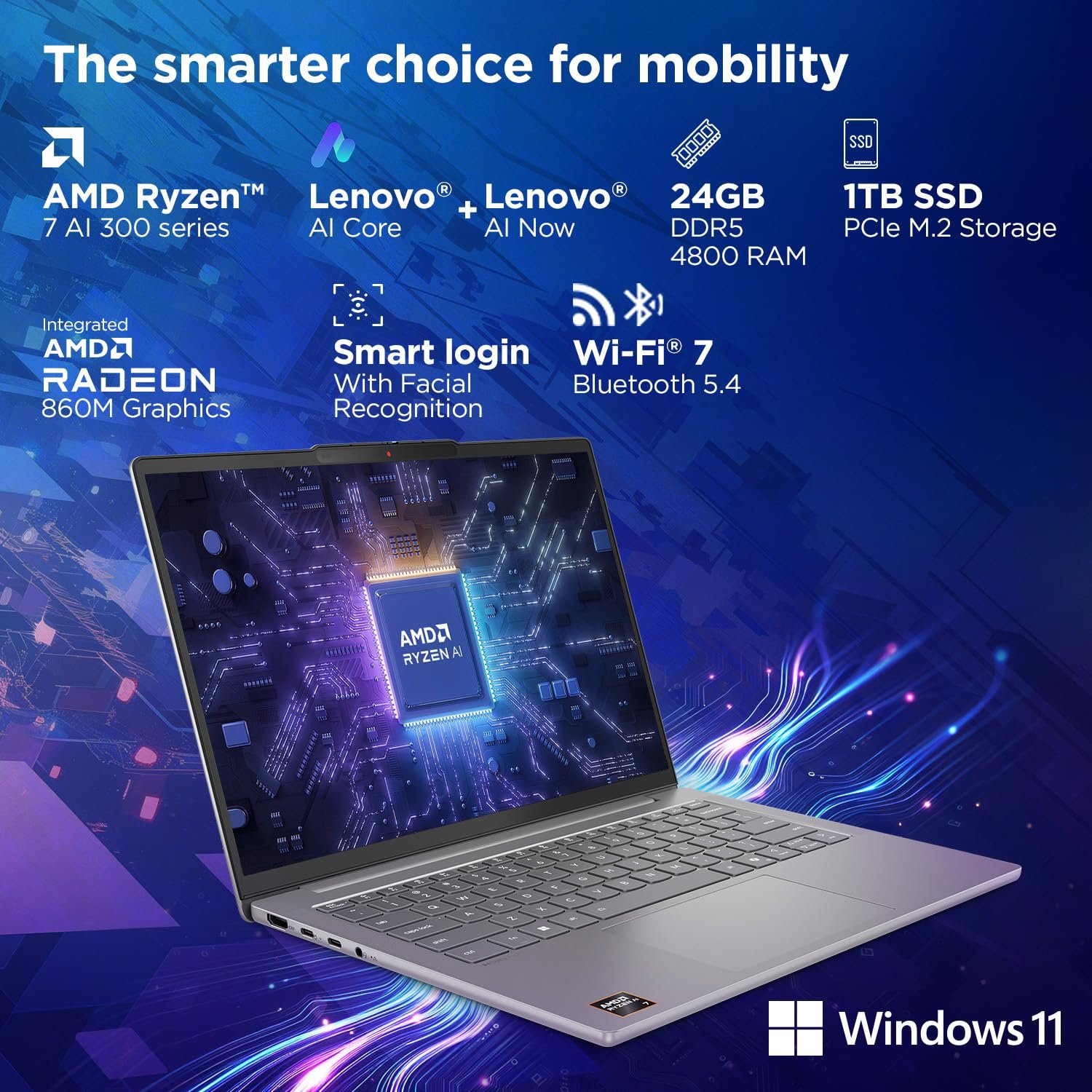 Lenovo IdeaPad Slim 5, AMD Ryzen AI 7 350, 24GB RAM, 1TB SSD, WUXGA OLED 14"(35.5cm), Win11, Office Home'24, Grey, 1.4Kg, 83HX001NIN, Copilot+ PC, Backlit Keyboard, 1Yr ADP Free AI Powered Laptop - Image 7