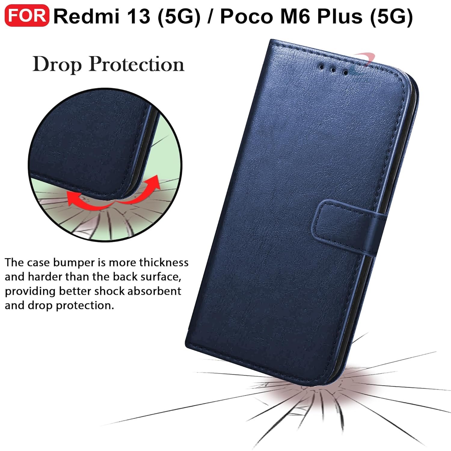 CEDO Redmi 13 (5G) / Redmi 13 Prime Edition/Poco M6 Plus (5G) Flip Cover | Leather Finish | Inside Pockets & Inbuilt Stand | Shockproof Wallet Style Magnetic Closure Back Case Flipcover (Blue) - Image 5