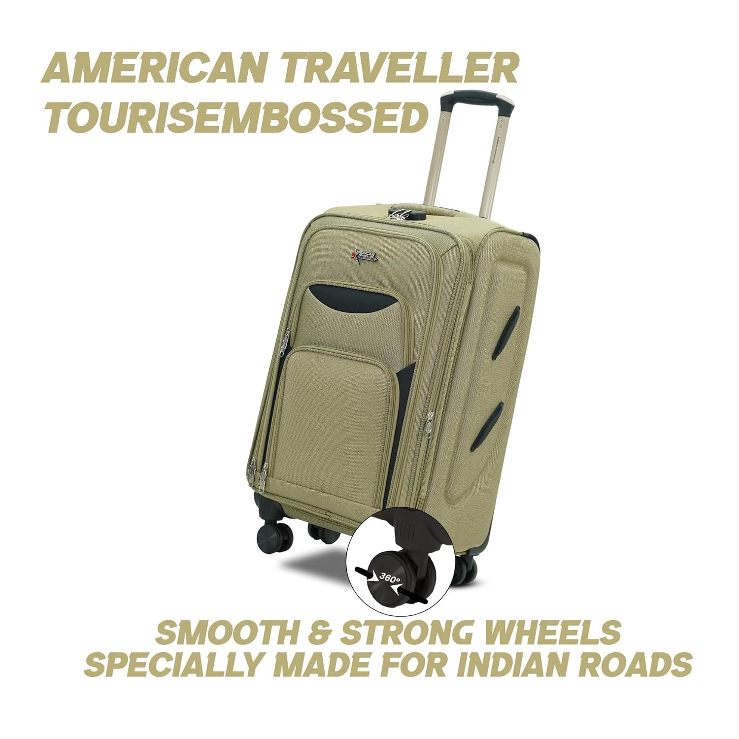 AMERICAN TRAVELLER Tourissem Bossed Trolley Bags Set of 3 – Cabin, Medium, Large | Travel Suitcase Luggage | 18% Expandable | 360 Dual Disc Spinner Wheels | Lock & Telescopic Handle (3, Beige) - Image 3