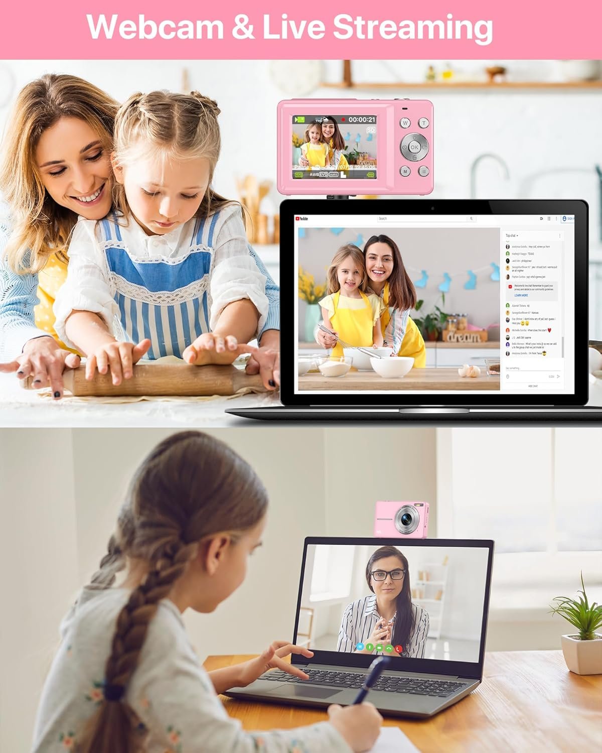 VAHOIALD Digital Camera 1080P FHD Compact Digital Camera 44MP Portable Mini Small Photo Camera with 2.4" LCD Screen, 16X Digital Zoom and 1 Battery Vlogging Camera for Kids, Girls, Boys-Pink, 32 GB - Image 6