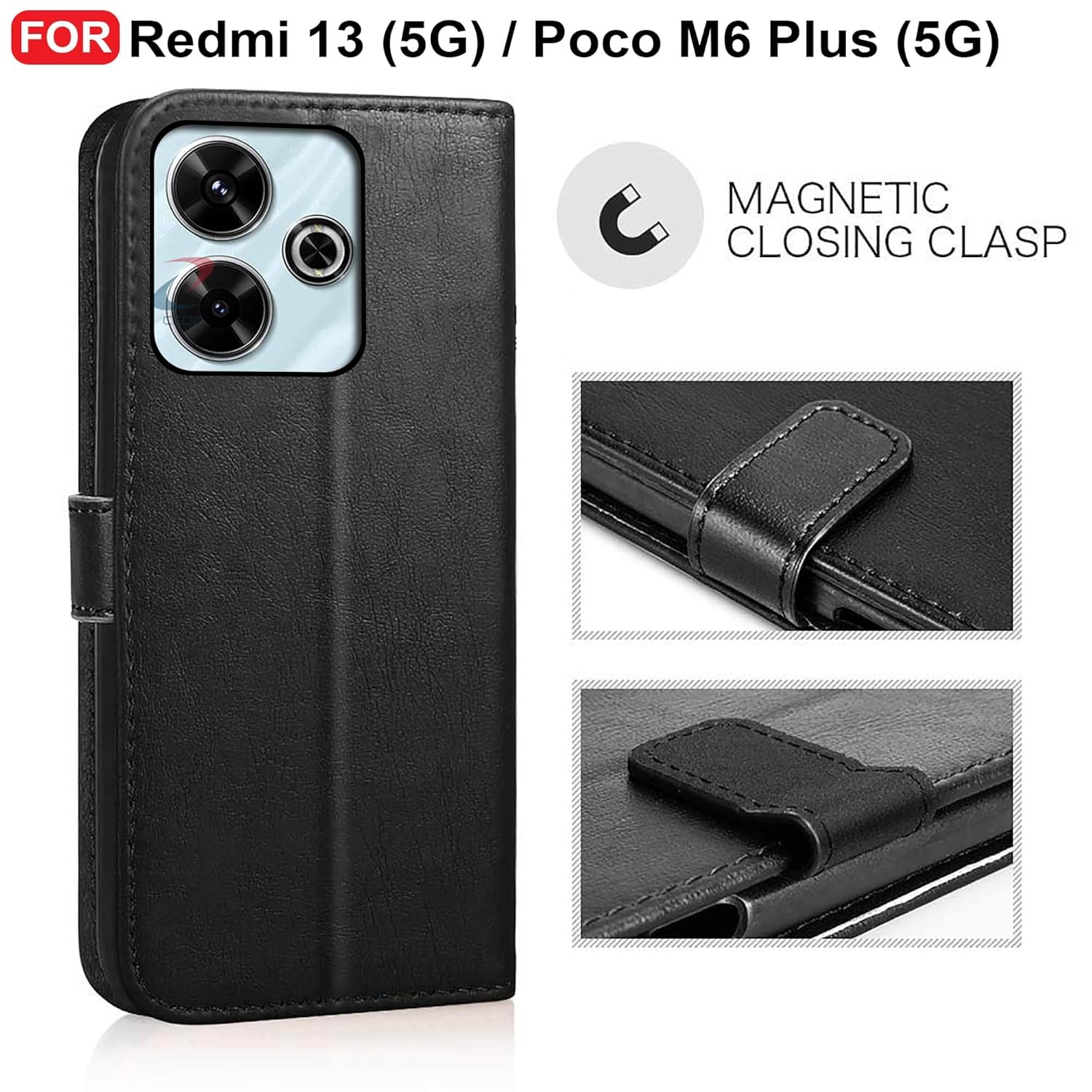 CEDO Redmi 13 (5G) / Redmi 13 Prime Edition/Poco M6 Plus (5G) Flip Cover | Leather Finish | Inside Pockets & Inbuilt Stand | Shockproof Wallet Style Magnetic Closure Back Case Flipcover (Black) - Image 2