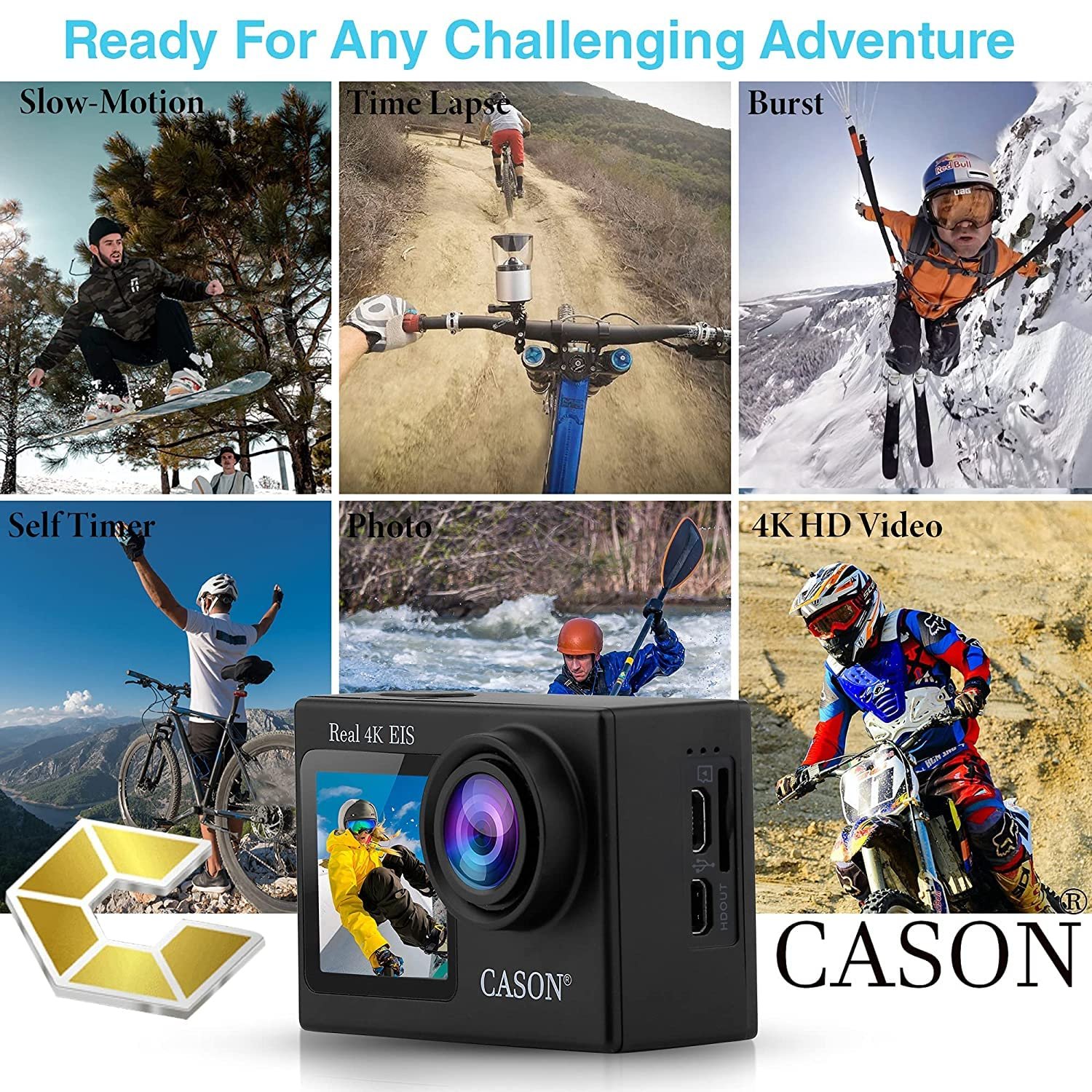 CASON CS6 5k 30Fps Action Camera, 4K Helmet Camera for Bike (Typc C) with EIS+Gyro,Anti Shake for Bike Helmet Camera, Touch Screen, 2 x 1350 mAh Battery and Many Extra Accessories (Black) - Image 7