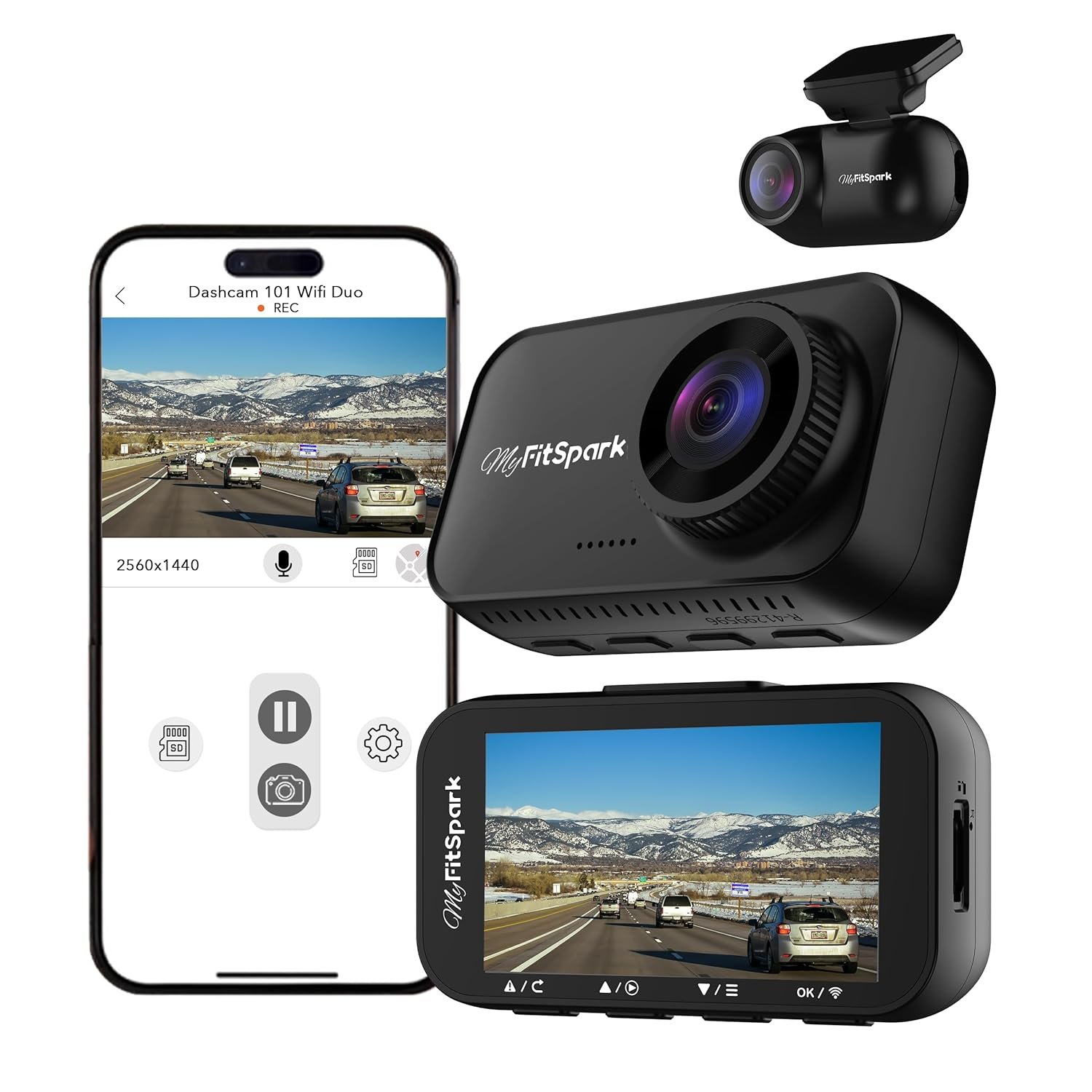 FitSpark DC-101 WiFi Duo 4MP Real 2K Dual Channel Dash Camera | No.1 Novatek AI Chipset | High Definition 2.7" IPS TrueColors Display | Super Night Vision