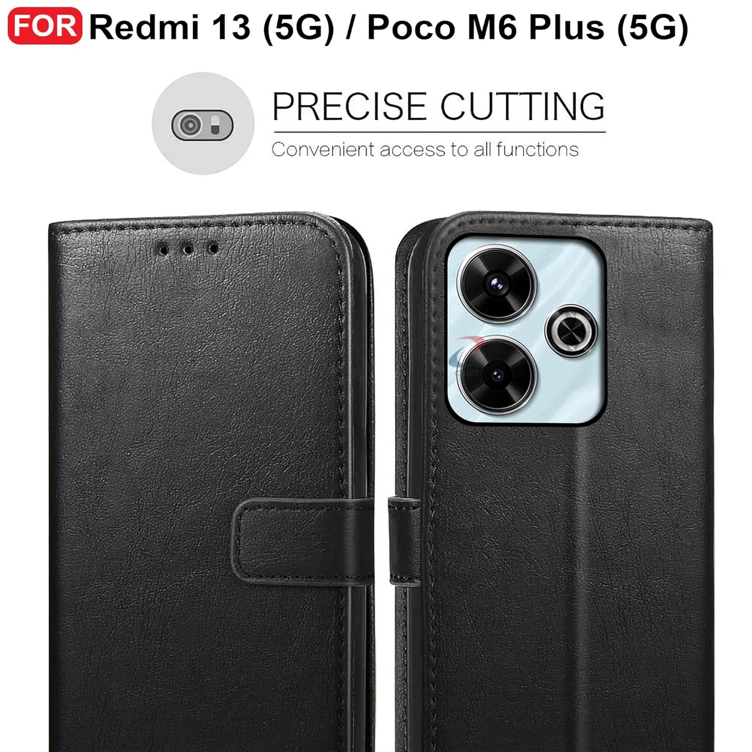 CEDO Redmi 13 (5G) / Redmi 13 Prime Edition/Poco M6 Plus (5G) Flip Cover | Leather Finish | Inside Pockets & Inbuilt Stand | Shockproof Wallet Style Magnetic Closure Back Case Flipcover (Black) - Image 3