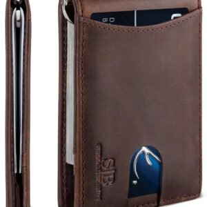 serman brands Men’s Leather RFID Blocking Bifold Slim Minimalist Front Pocket Wallet (Texas Brown)