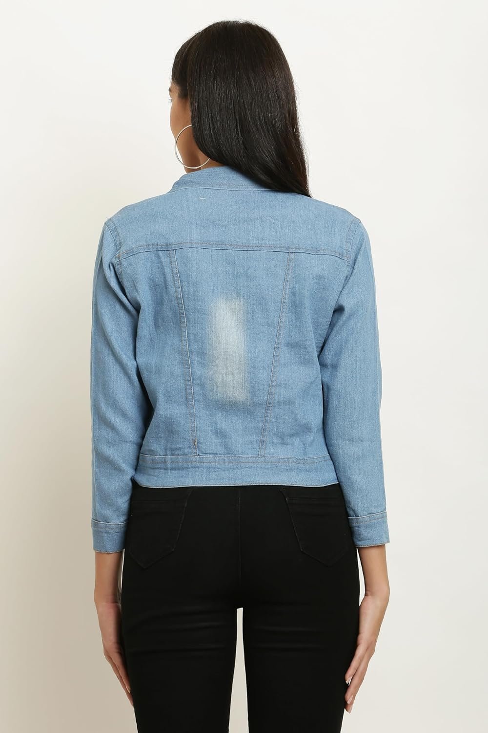 ACEOLA Women's Blue Washed Full Sleeves Buttoned Denim Embellished Cropped Jacket - Image 3