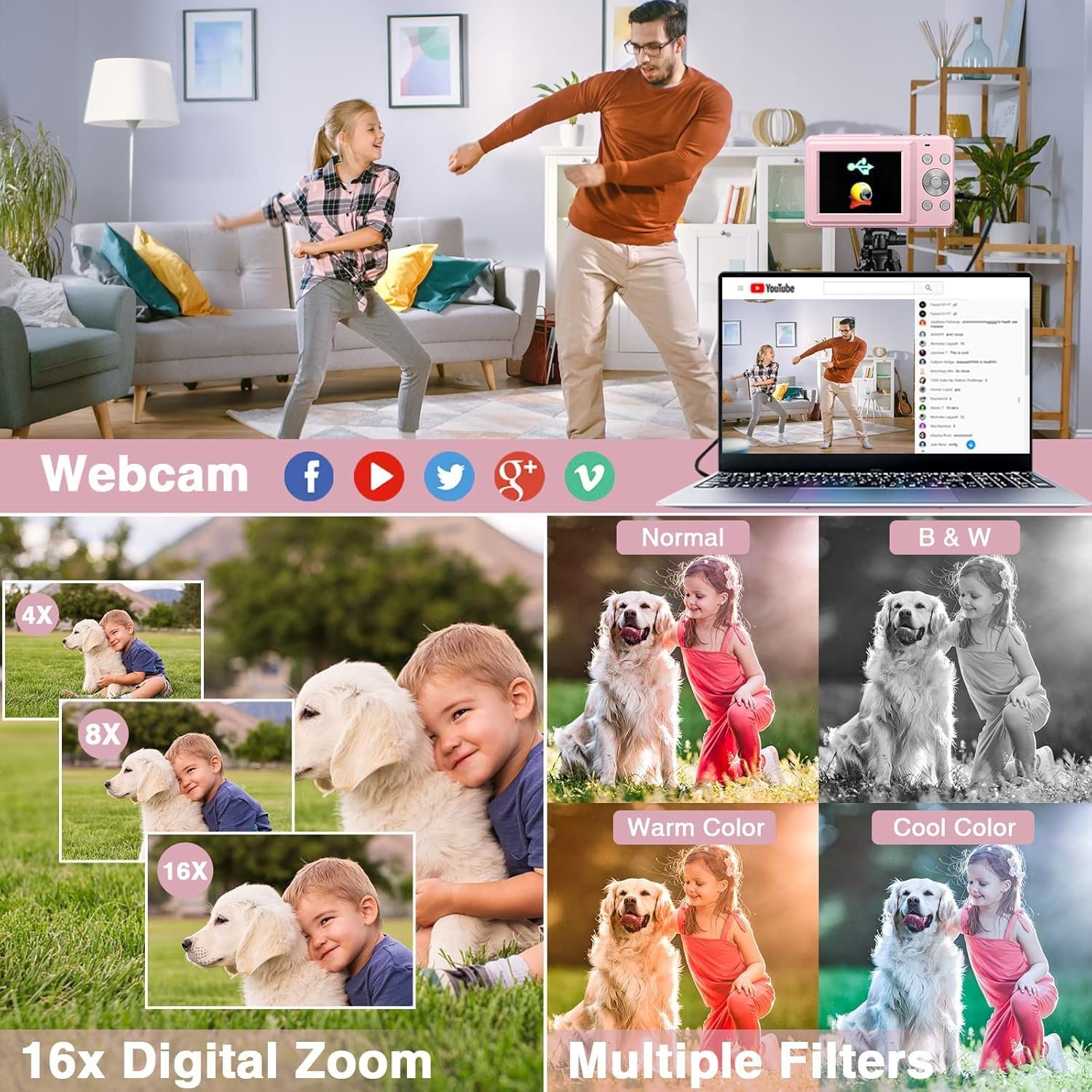 CAMKORY Digital Camera FHD 1080P 44MP Compact Camera 16X Digital Zoom Camera Small Easy to Use Selfie with 2 Batteries for Children Beginners Girls - Image 4