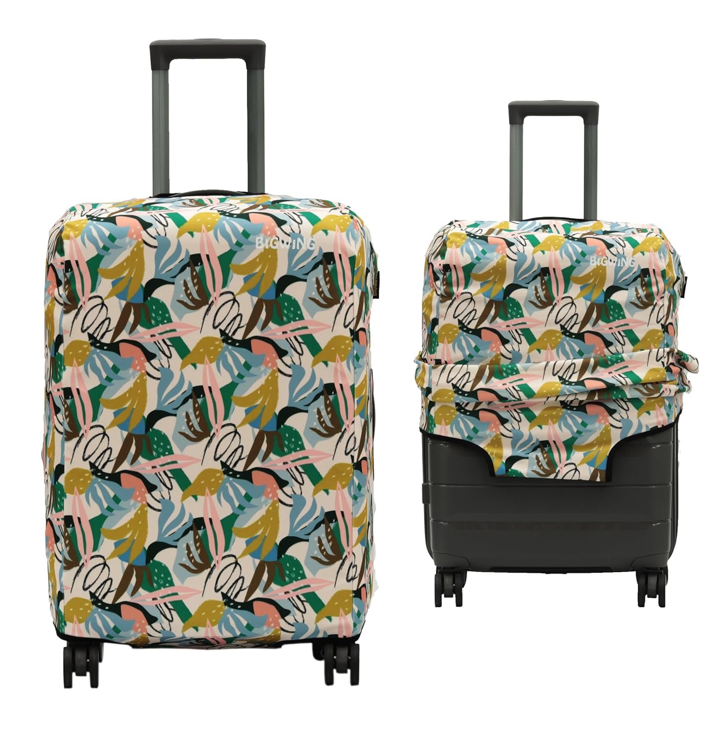 BIGWING Protective Cover in Polyester Fabric with Botanical Print for | 65 cm 24 inch Medium Size | Hard Luggage Trolley Bag Cover (Fits Only On Fiber - Plastic Trolley Bag)