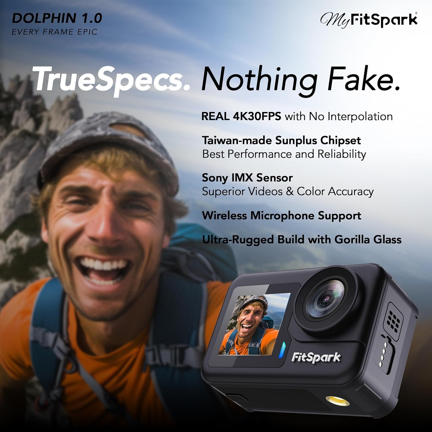 FitSpark Dolphin 1.0 Big 2.20" Full Frame Borderless Display | Real 4K30FPS 20MP Dual Touchscreen WiFi Action Camera | Wireless MIC Support | EIS 3.0 Sony Sensor No.1 Chipset Smart Remote + Full Kit - Image 2