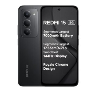 Redmi 15 5G Midnight Black 8GB + 256GB | Segment’s Largest 7000mAhA Battery | Segment’s Largest Display 17.53cm(6.9) Up to 144Hz | Snapdragon 6s Gen 3 | 18W Reverse Charging | 50MP AI Dual Camera