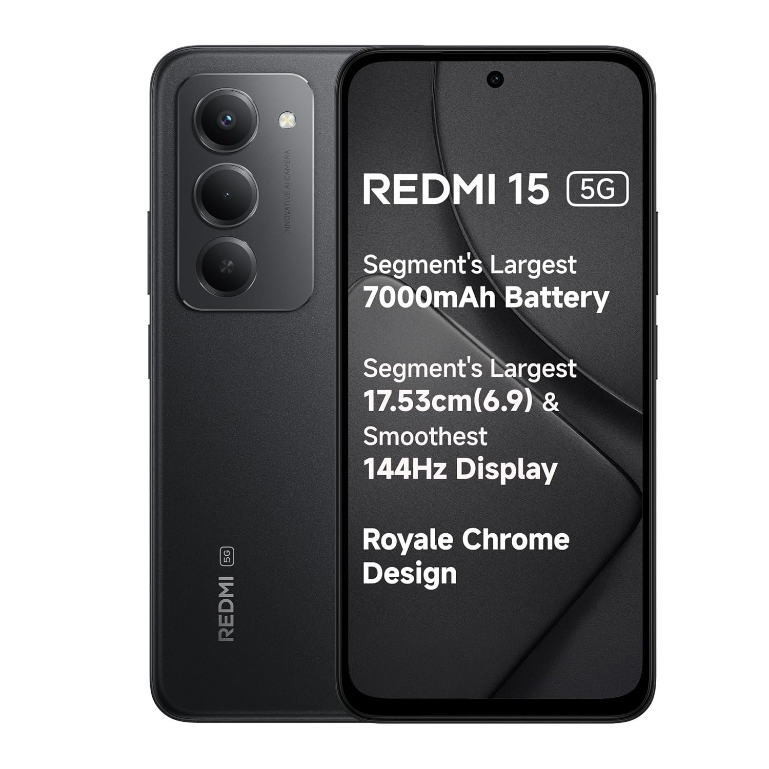 Redmi 15 5G Midnight Black 8GB + 256GB | Segment's Largest 7000mAhA Battery | Segment's Largest Display 17.53cm(6.9) Up to 144Hz | Snapdragon 6s Gen 3 | 18W Reverse Charging | 50MP AI Dual Camera
