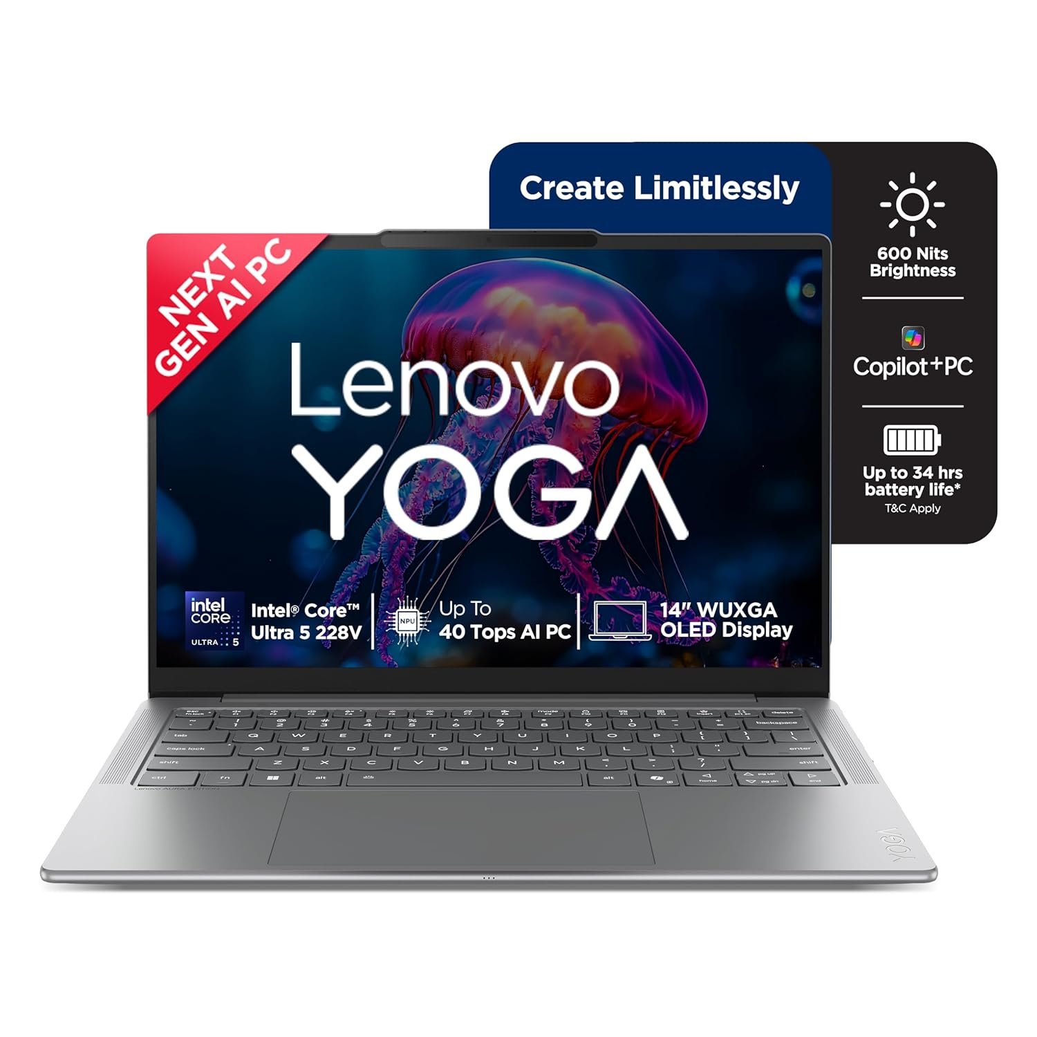 Lenovo Yoga Slim 7 Aura Edition Intel Core Ultra 5 228V,Copilot+ AI PC(32GB RAM/1TB SSD/14(35.5cm) WUXGA OLED AI Now/40 Tops/Windows 11/Office Home 2024/1Yr ADP/Grey/1.19Kg), 83JX001LIN AI Laptop