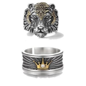 Fashion Frill Stylish Silver Ring For Men Stainless Steel King Lion with Crown Adjutabel Silver Ring For Men Boys Love Gifts Finger Ring Mens Jewellery