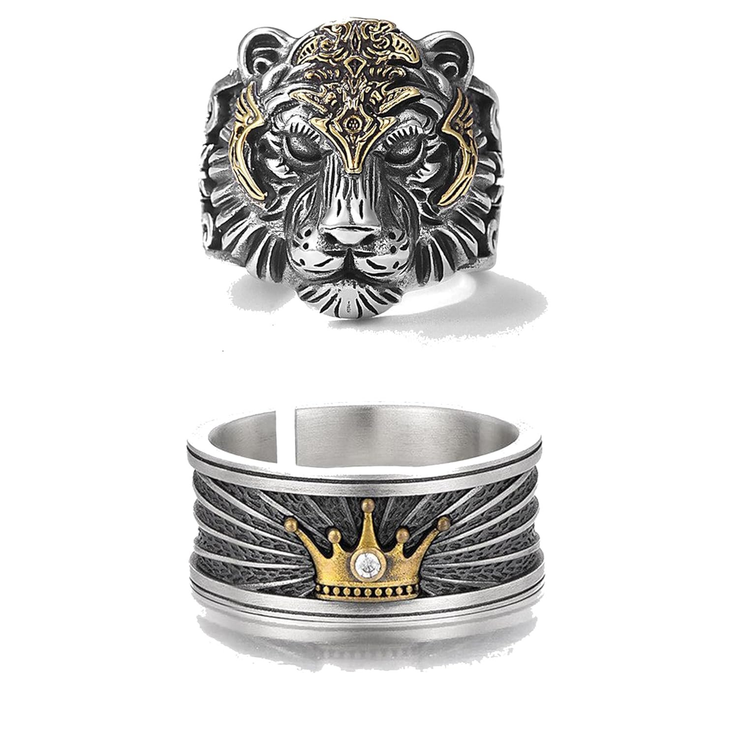 Fashion Frill Stylish Silver Ring For Men Stainless Steel King Lion with Crown Adjutabel Silver Ring For Men Boys Love Gifts Finger Ring Mens Jewellery