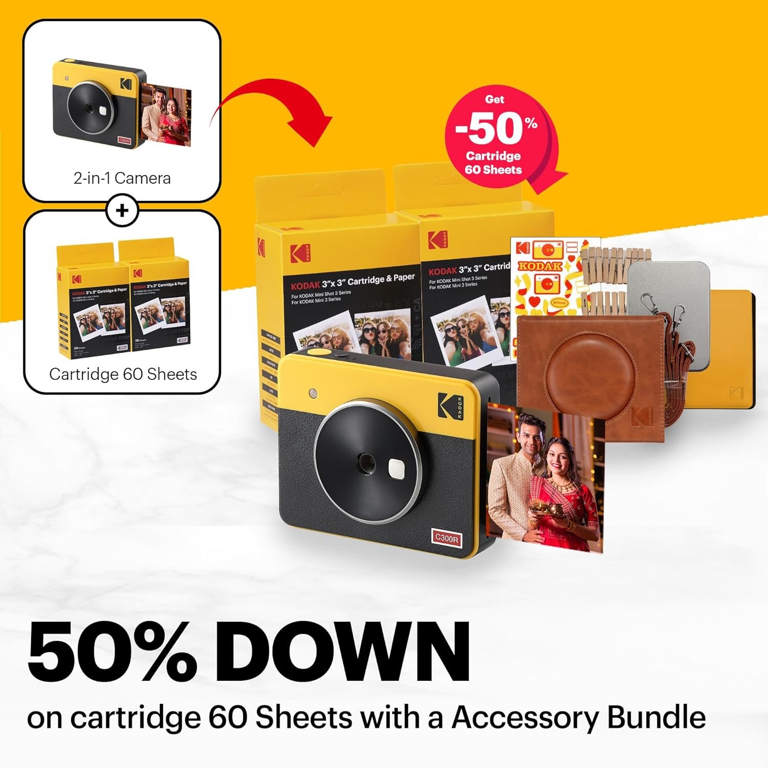 KODAK Mini Shot 3 Retro 4PASS 2-in-1 Instant Camera and Photo Printer (3x3 inches) + 68 Sheets Gift Bundle, White - Image 2