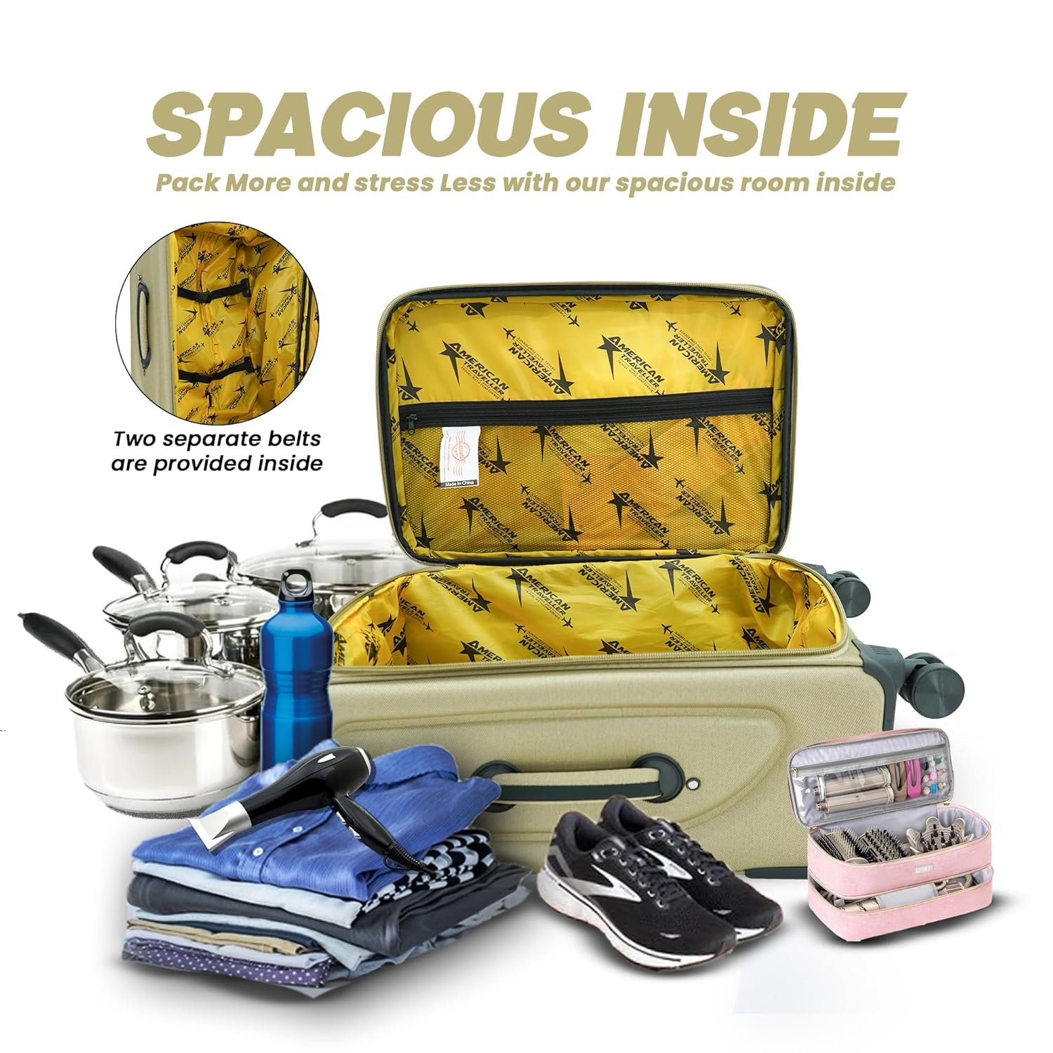 AMERICAN TRAVELLER Tourissem Bossed Trolley Bags Set of 3 – Cabin, Medium, Large | Travel Suitcase Luggage | 18% Expandable | 360 Dual Disc Spinner Wheels | Lock & Telescopic Handle (3, Beige) - Image 4