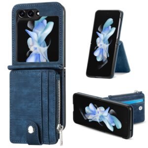 HAOTP for Samsung Galaxy Z Flip 6 Wallet Case,Retro Phone Case with Card Holder,2 in 1 Detachable Zipper Kickstand Shockproof Protective Purse Case Cover for Samsung Galaxy Z Flip 6 Blue
