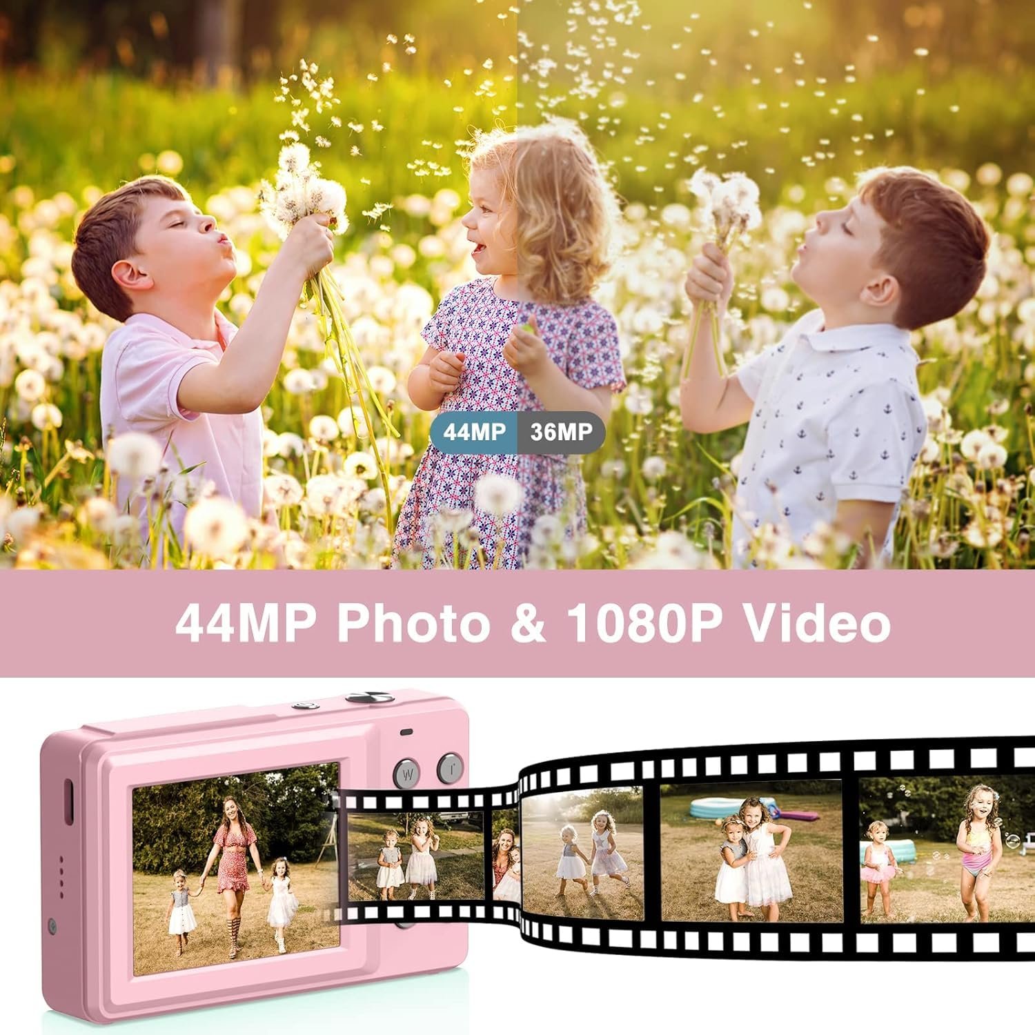 CAMKORY Digital Camera FHD 1080P 44MP Compact Camera 16X Digital Zoom Camera Small Easy to Use Selfie with 2 Batteries for Children Beginners Girls - Image 2
