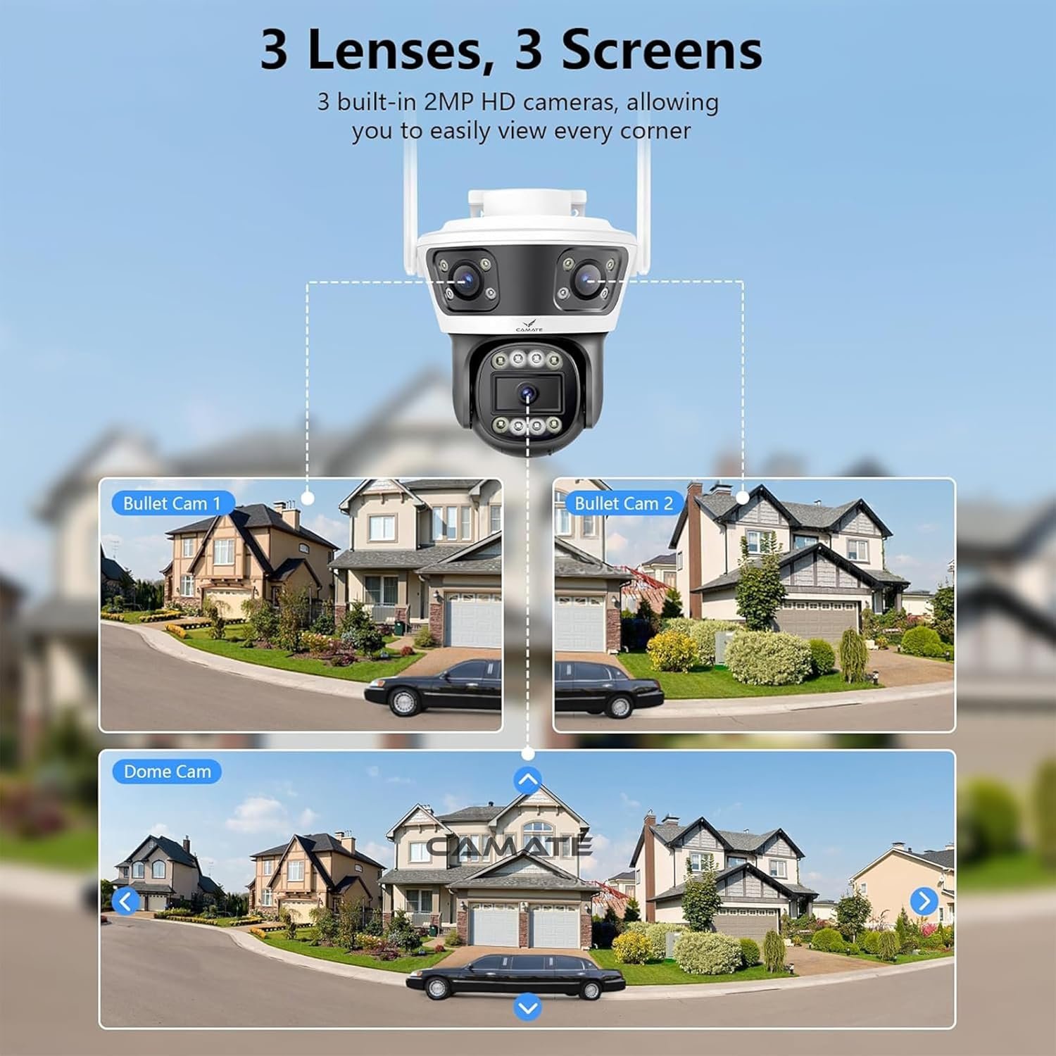 Camate Pheonix 2+2+2 MP Triple-Lens (2.4/5 Ghz Wi-Fi) Wireless CCTV Camera | Two Way Talk | Motion Detection | Colored Night Vision | Support 256 GB sd Card, Onvif (Wi-Fi Connectivity) - Image 4