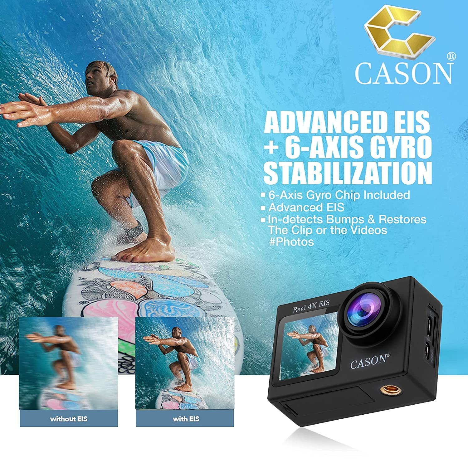 CASON CS6 5k 30Fps Action Camera, 4K Helmet Camera for Bike (Typc C) with EIS+Gyro,Anti Shake for Bike Helmet Camera, Touch Screen, 2 x 1350 mAh Battery and Many Extra Accessories (Black) - Image 8