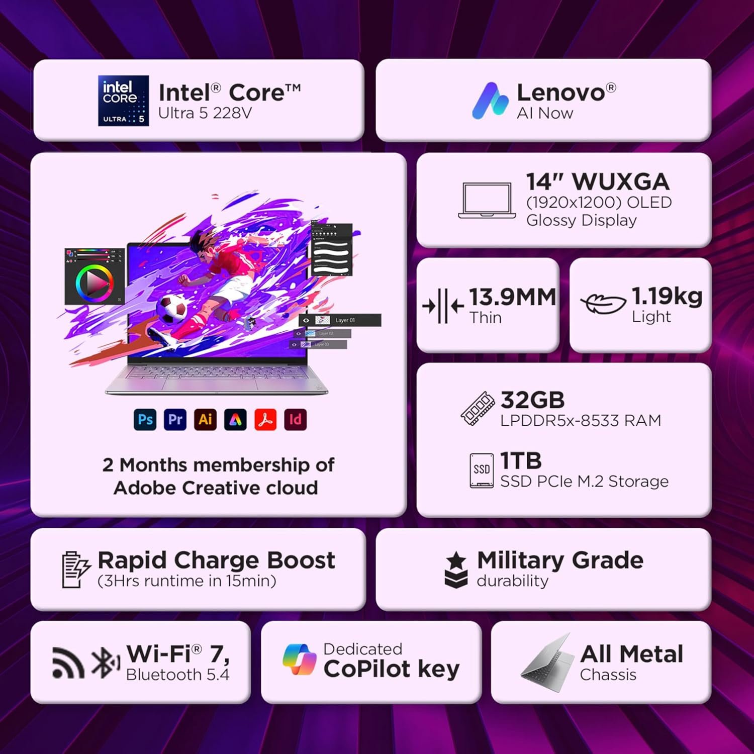 Lenovo Yoga Slim 7 Aura Edition Intel Core Ultra 5 228V,Copilot+ AI PC(32GB RAM/1TB SSD/14(35.5cm) WUXGA OLED AI Now/40 Tops/Windows 11/Office Home 2024/1Yr ADP/Grey/1.19Kg), 83JX001LIN AI Laptop - Image 2