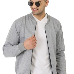 LEOTUDE CASUAL JACKET For Men’s Loopknit Regular Fit Full Sleeve Zipper Bomber Jacket for men (Color: Black)