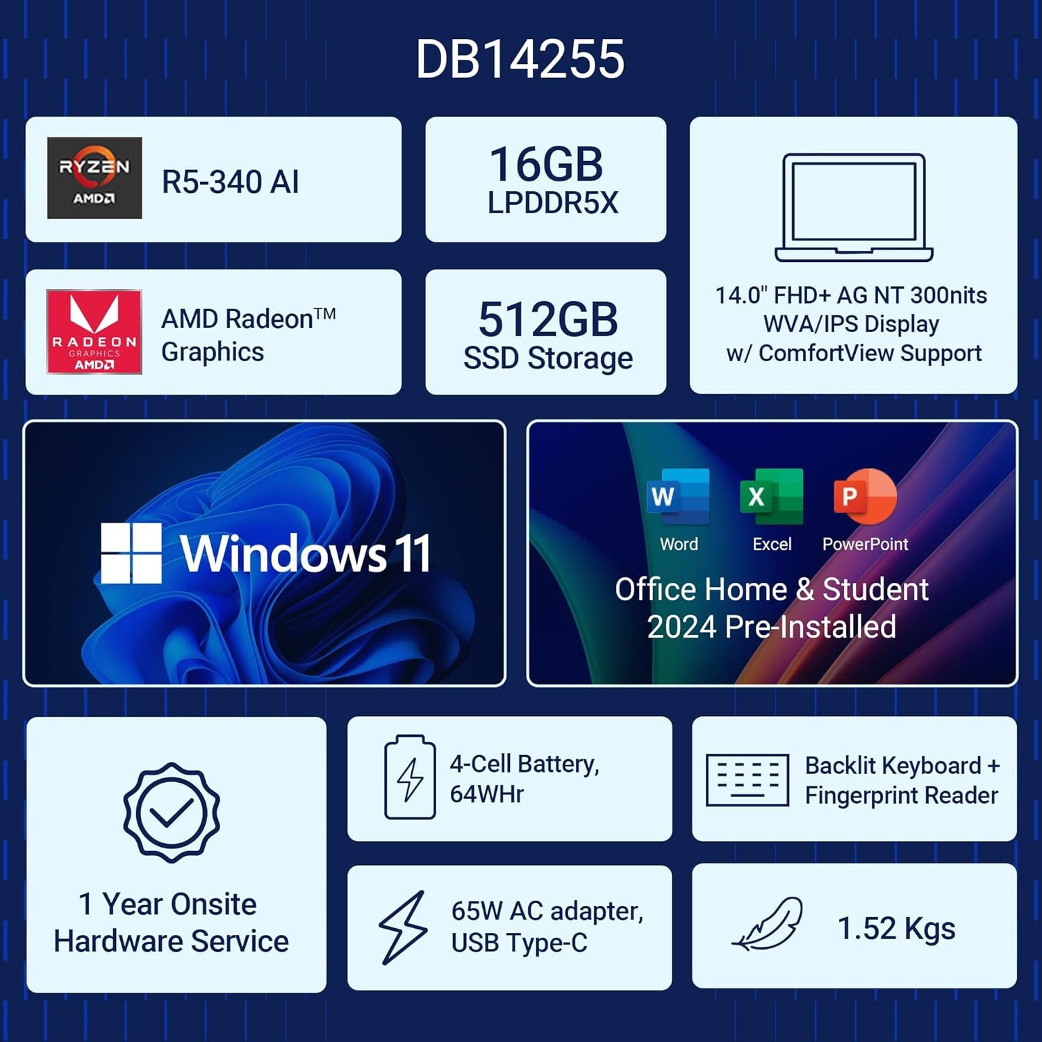 Dell DB14255, R5-340 AI Processor, 16GB LPDDR5X, 512GB SSD, FHD Plus 14"/35.56 cm, Win11+MSO 2024, Ice Blue, 1.52 Kg, 300 Nits IPS Display, AMD Radeon Graphics, Backlit+FPS Keyboard AI Powered Laptop - Image 2