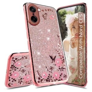 KC Back Cover for OnePlus Nord CE5 – Crystals Glitter Auora Paper Bling 2 in 1 Soft Silicone Transparent Camera Protection Case (Rose Gold Pink)