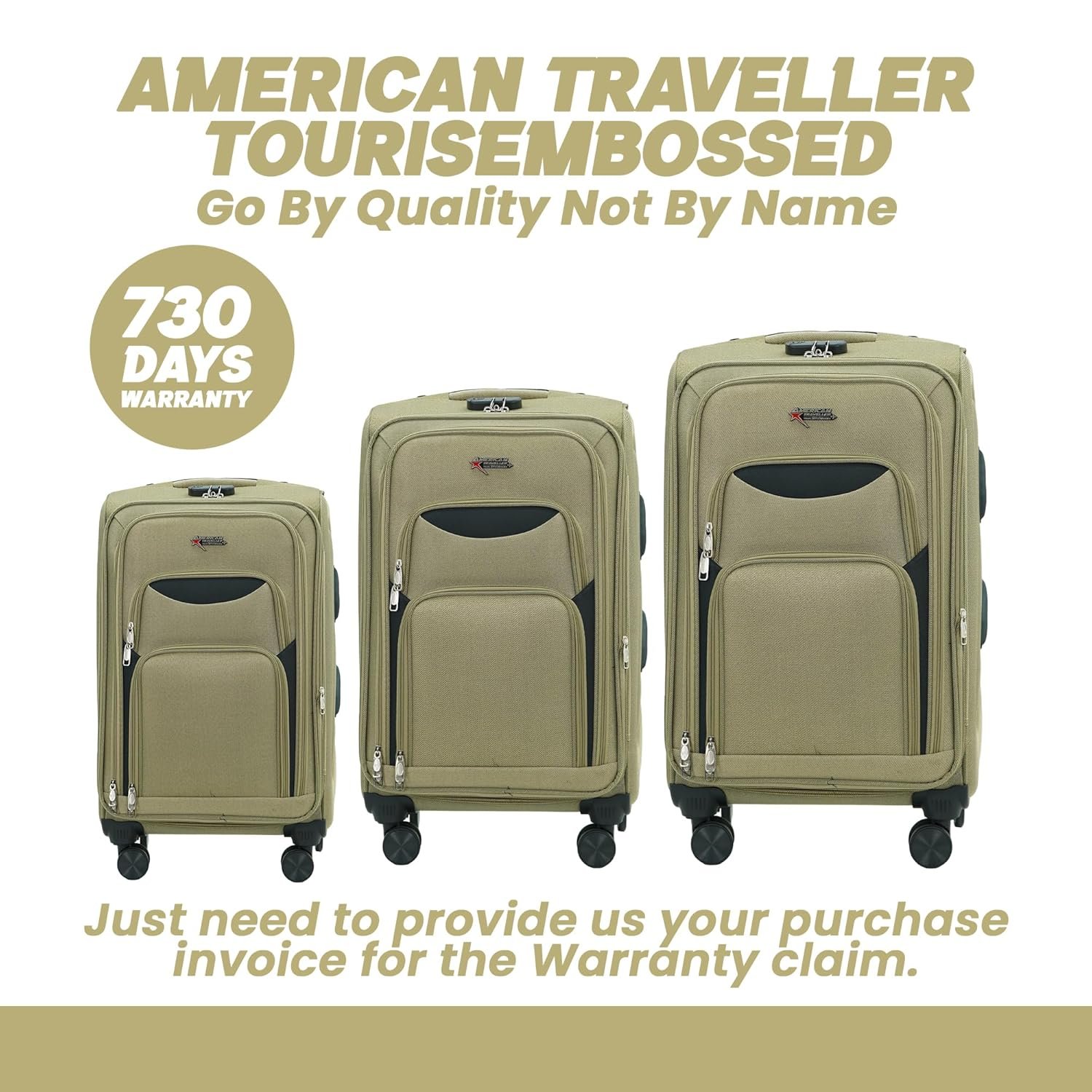 AMERICAN TRAVELLER Tourissem Bossed Trolley Bags Set of 3 – Cabin, Medium, Large | Travel Suitcase Luggage | 18% Expandable | 360 Dual Disc Spinner Wheels | Lock & Telescopic Handle (3, Beige) - Image 8