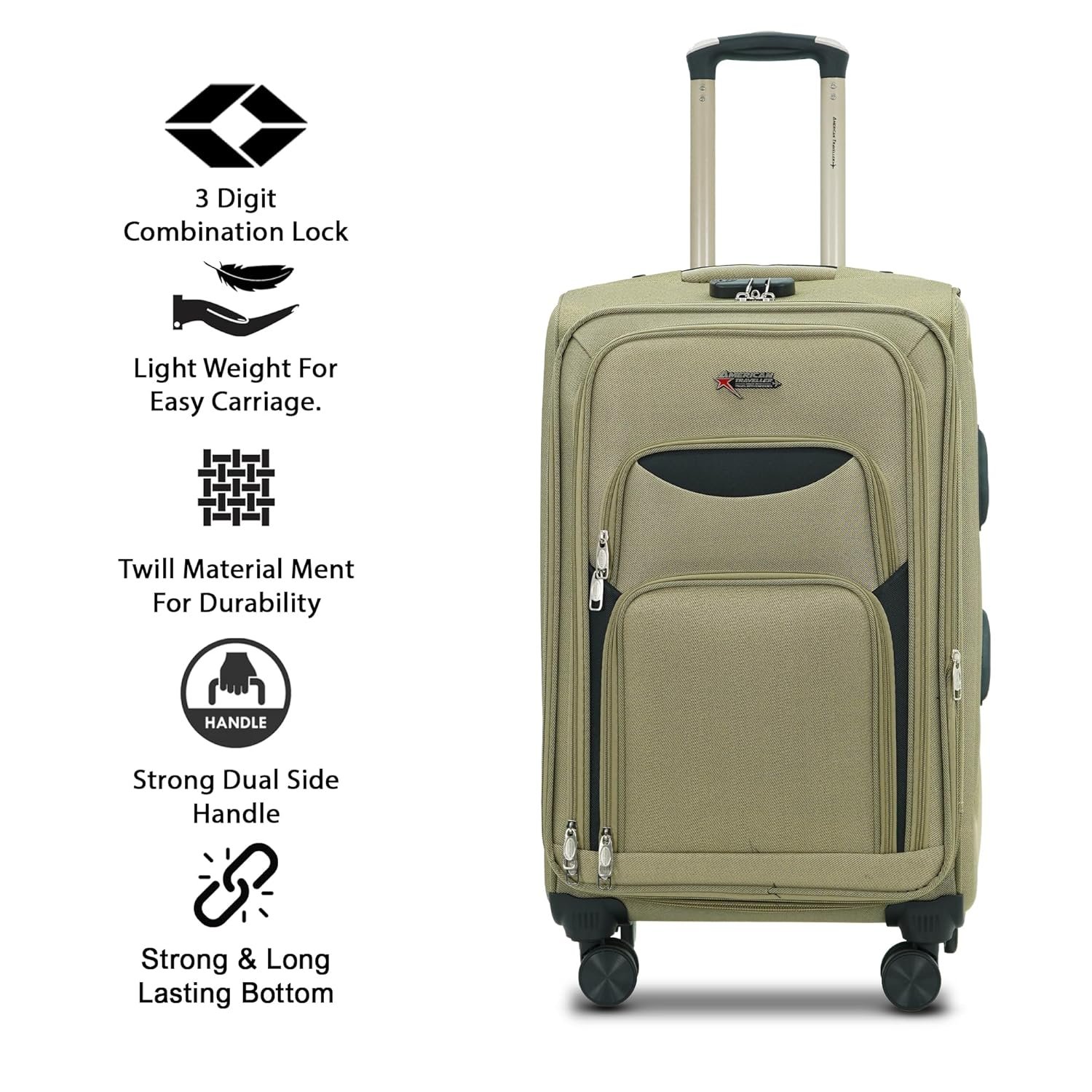 AMERICAN TRAVELLER Tourissem Bossed Trolley Bags Set of 3 – Cabin, Medium, Large | Travel Suitcase Luggage | 18% Expandable | 360 Dual Disc Spinner Wheels | Lock & Telescopic Handle (3, Beige) - Image 6