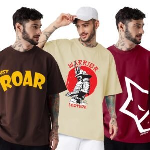 LEOTUDE Men’s Cotton Regular Fit Half Sleeve Oversized Tshirt, Round Neck Longline Drop Shoulder | ful Printed Combo T-Shirt (Pack of 3)