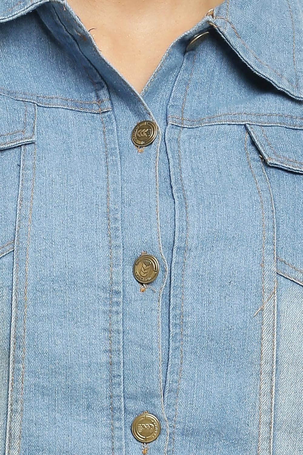 ACEOLA Women's Blue Washed Full Sleeves Buttoned Denim Embellished Cropped Jacket - Image 7