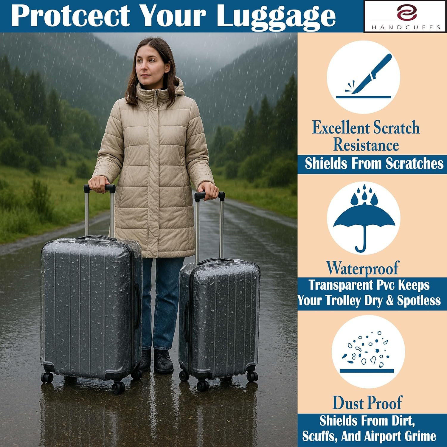 Handcuffs Transparent Luggage Trolley Protective Covers PVC Waterproof Travel Bag Suitcase Cover (20 Inches) (13.8" X 9.1" X 20.9") - Image 4