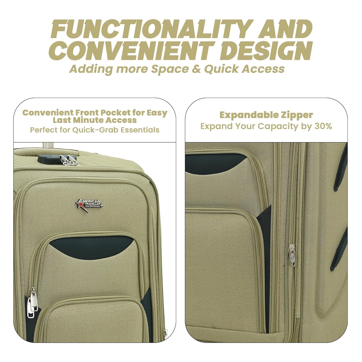 AMERICAN TRAVELLER Tourissem Bossed Trolley Bags Set of 3 – Cabin, Medium, Large | Travel Suitcase Luggage | 18% Expandable | 360 Dual Disc Spinner Wheels | Lock & Telescopic Handle (3, Beige) - Image 5