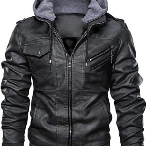 Pomo-Z Men’s Casual Stylish Premium PU Leather Zip-Up Motorcycle Biker Bomber Jacket With a Removable Hood