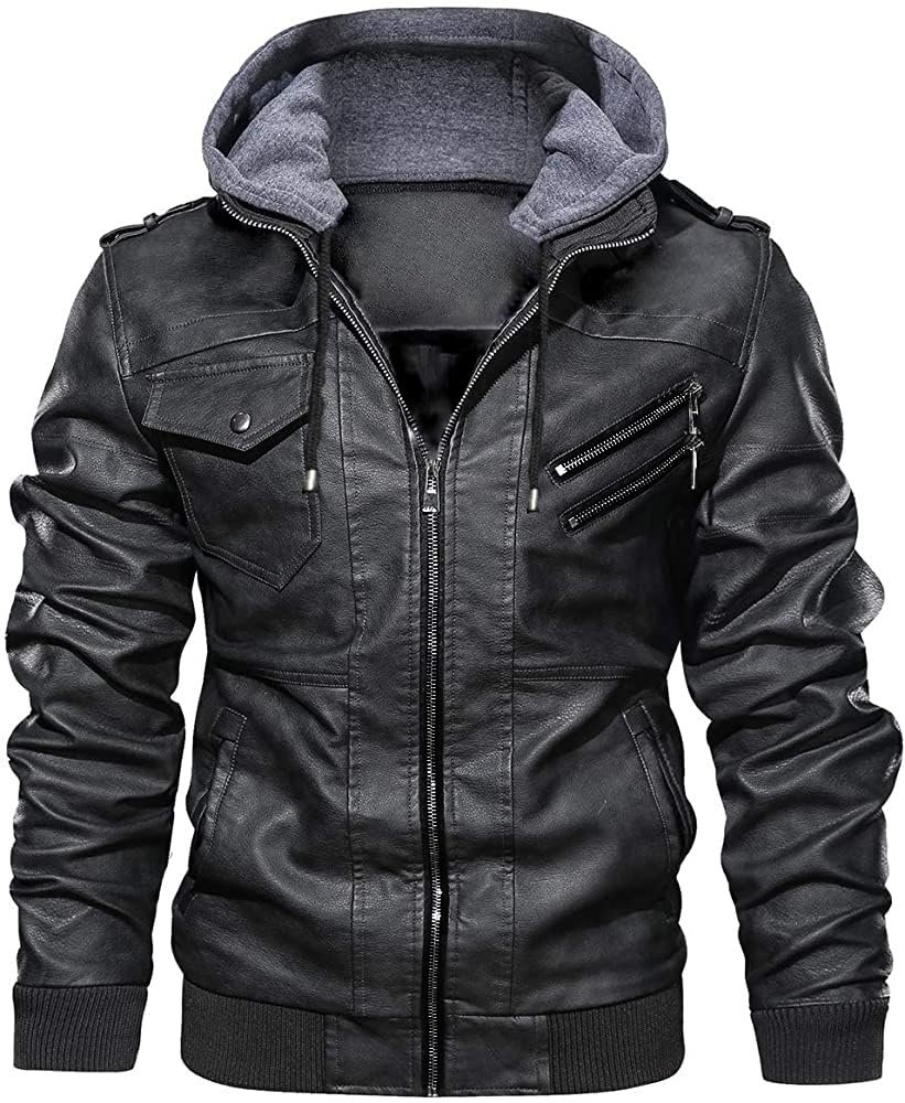 Pomo-Z Men’s Casual Stylish Premium PU Leather Zip-Up Motorcycle Biker Bomber Jacket With a Removable Hood