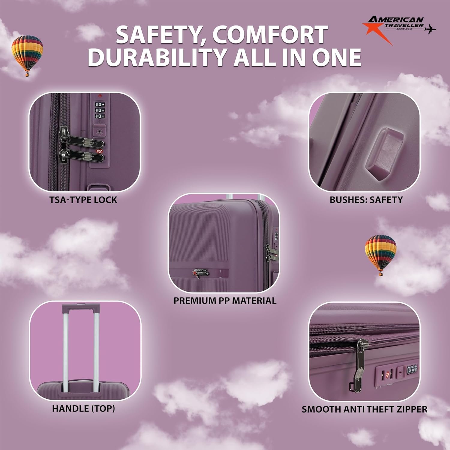 AMERICAN TRAVELLER Touris Fly Luggage Trolley Bag | Suitcase for Travel | Lightweight | Durable Polypropylene Hard Shell | 360° Spinner Wheels | TSA-Type Lock (28, Purple) - Image 2