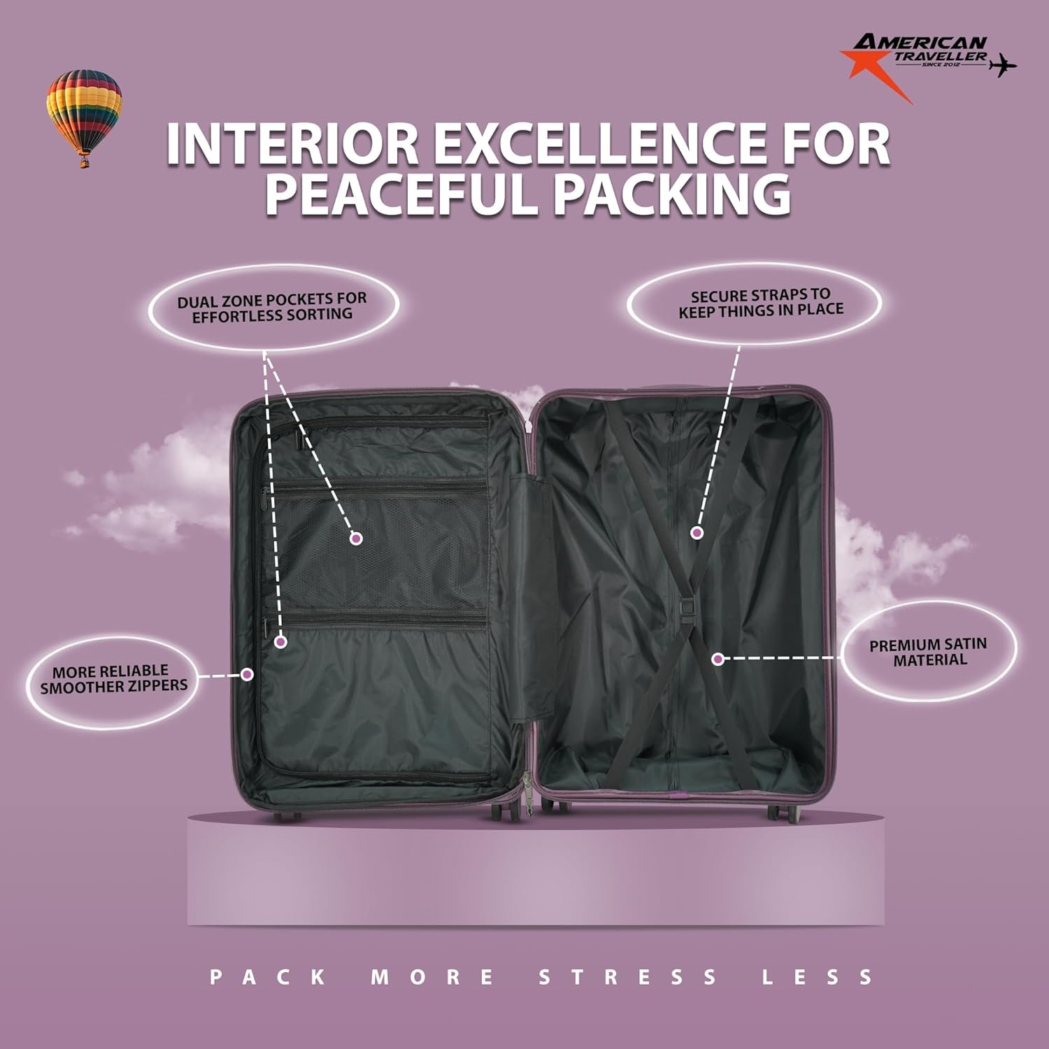 AMERICAN TRAVELLER Touris Fly Luggage Trolley Bag | Suitcase for Travel | Lightweight | Durable Polypropylene Hard Shell | 360° Spinner Wheels | TSA-Type Lock (28, Purple) - Image 3